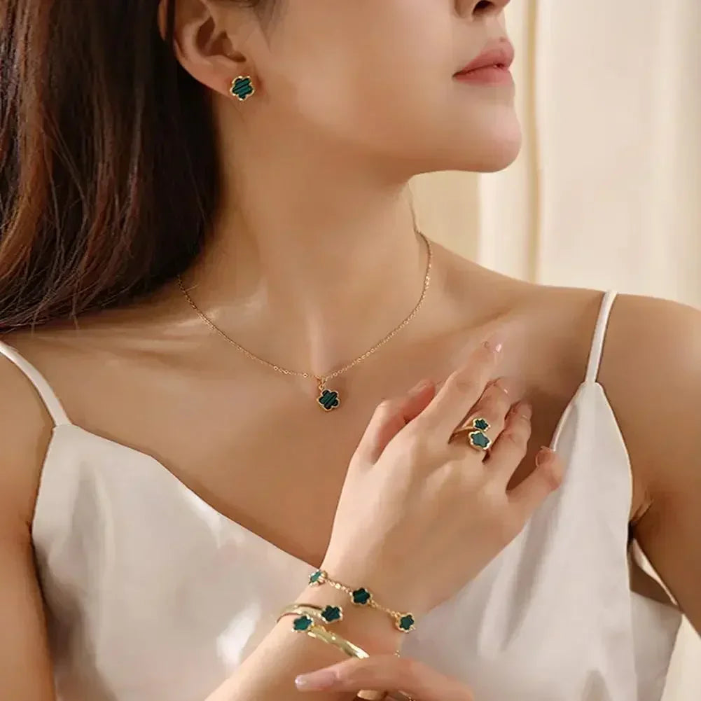 5pcs/set Luxury Quality Jewelry Sets Plum Blossom Plant Five Leaf Flower Women's Earrings Rings Bracelet Necklace Bangles Gift