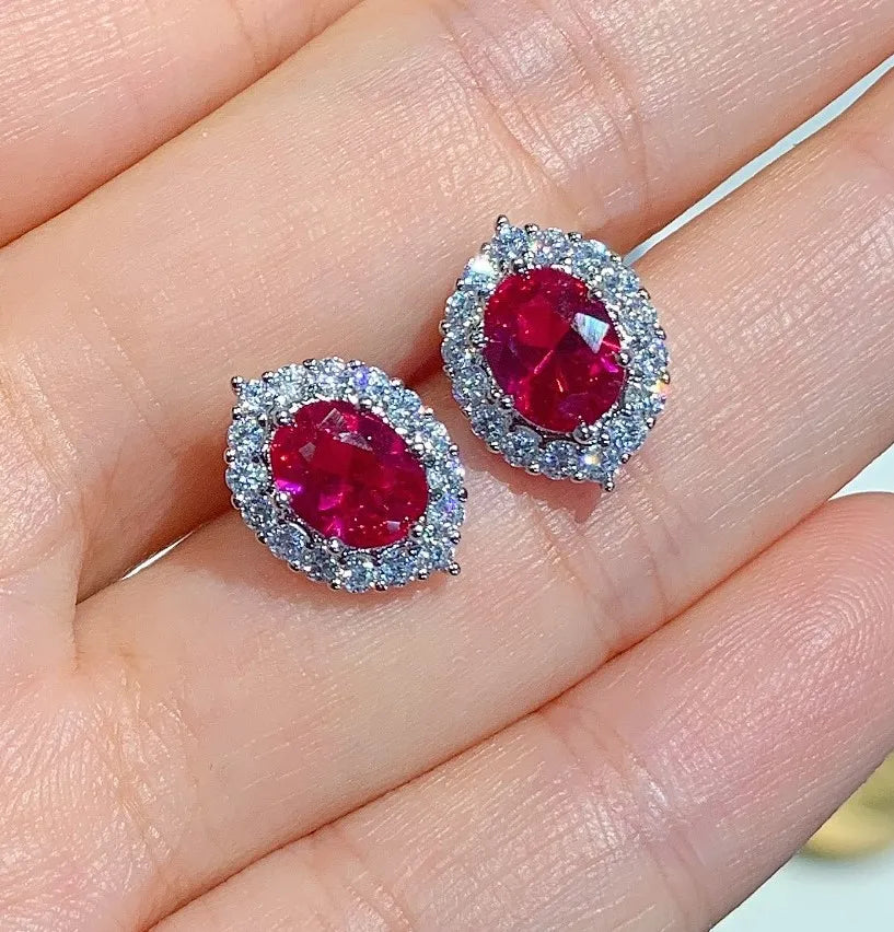 925 Sterling Silber Roter Moissanit Ring Halskette Ohrring Set Retro Mode Luxus Oval Hochzeit Geburtstagsgeschenk Frauen Schmuck